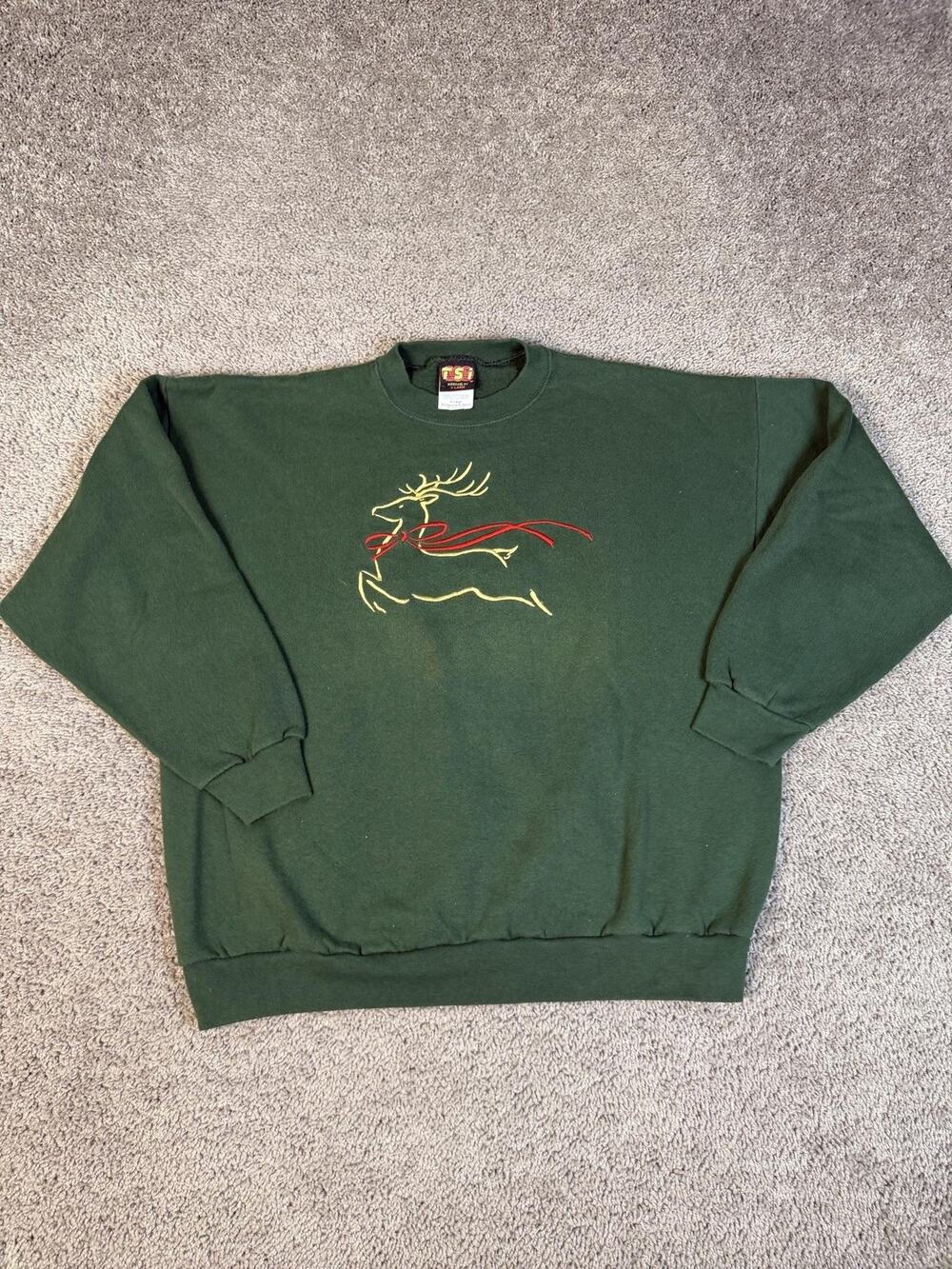 Vintage Christmas Sweatshirt Adult XL Green Pullover Fleece Lined Reindeer